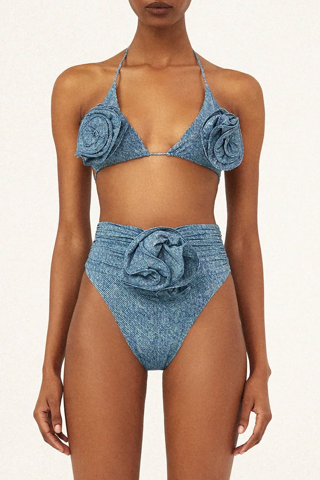3D Flower Denim Halter Bikini Set